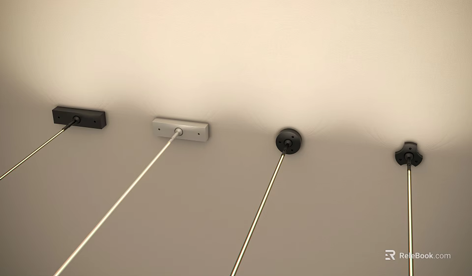 Light Colored Wall With Mounted Black And Silver Hooks And White Cables Extending Downward 3d model