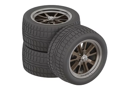 Three Black Automotive Tires With Metallic Wheel Rims In Stacked And Inclined Position 3d model
