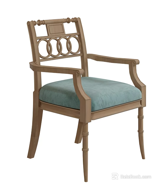 Classic Wooden Dining Chair with Armrests Circular Ring Back Design and Light Blue Cushioned Seat 3d model 