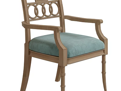 Classic Wooden Dining Chair with Armrests Circular Ring Back Design and Light Blue Cushioned Seat 3d model