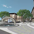 Modern Urban Commercial Landscape With Open Square Pedestrians Trees Glass Buildings And Lighting Installations