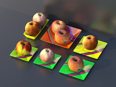 Fresh Apples Arranged on Colorful Plates with Vibrant Design Patterns 3d model