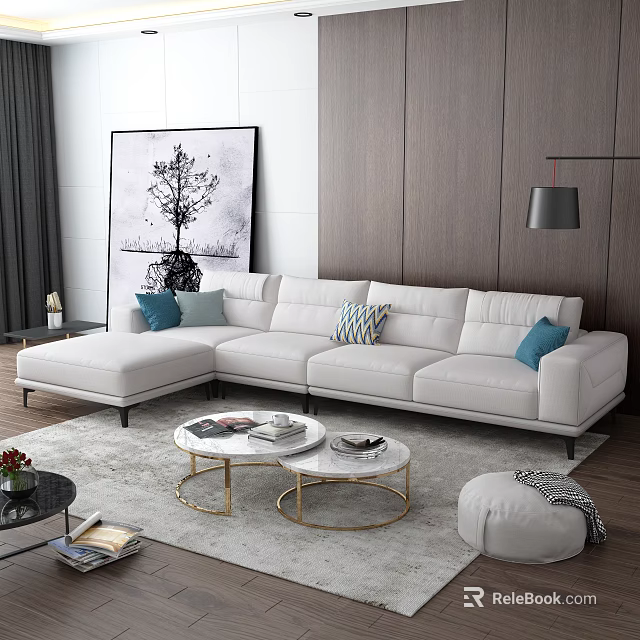 White L Shaped Sofa and Coffee Table Set with Marble Top Gold Frame Blue Pillows 3d model