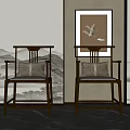 New Chinese Wooden Single Chair With Beige Linen Cushion And Traditional Landscape Painting Interior