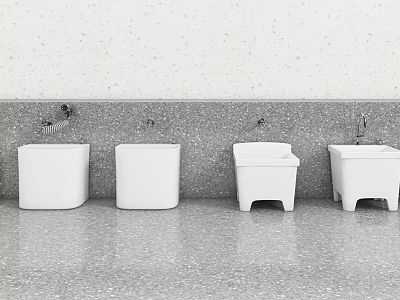 White Bathroom Sinks With Gray Countertop And Faucets On Speckled Wall 3d model