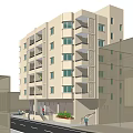 Modern Multistory Apartment Building With Balconies Ground Floor Entrance And Greenery