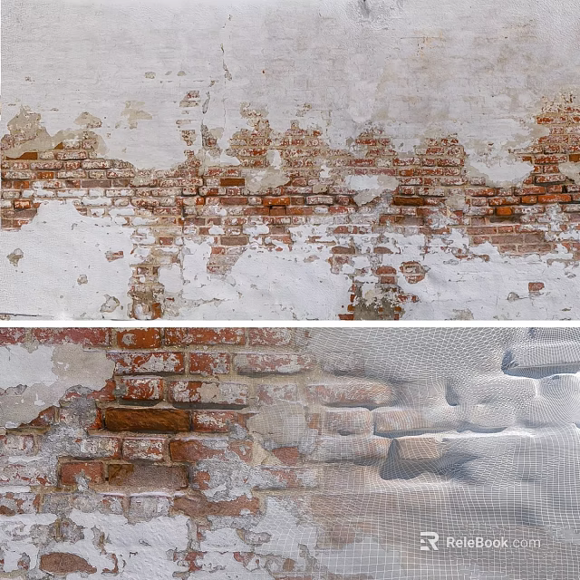 Weathered Brick Wall With Peeling White Plaster And Exposed Red Bricks Texture 3d model 