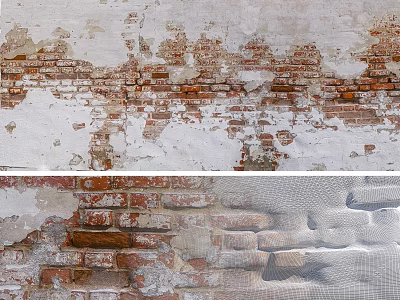 Weathered Brick Wall With Peeling White Plaster And Exposed Red Bricks Texture 3d model