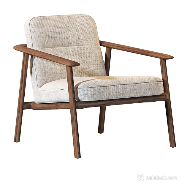 Modern Leisure Chair With Light Gray Fabric Upholstery And Wooden Armrests And Sturdy Legs 3d model 