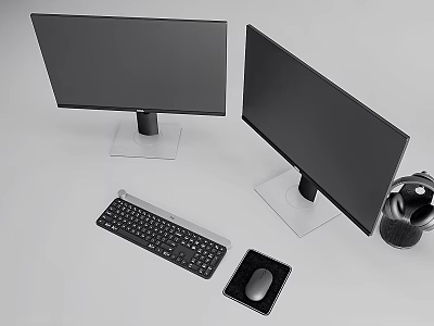 Dual Computer Monitors Setup with Keyboard Mouse and Headphones for Home Office 3d model