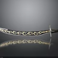 Ornate Curved Blade Weapon With Silver Gold Intricate Patterns And Decorative Handle