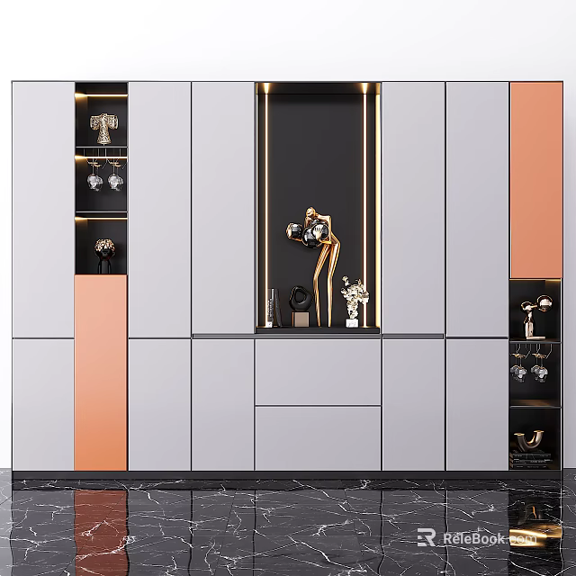 Modern Sideboard with Grey Orange Black Panels Display Shelves and Decorative Ornaments 3d model 