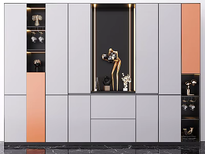 Modern Sideboard with Grey Orange Black Panels Display Shelves and Decorative Ornaments 3d model