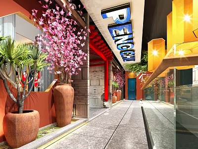 Peking Restaurant Interior With Red Walls Pink Flowers Terracotta Pots And Glass Railings 3d model