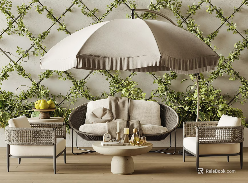 Outdoor Wicker Sofa with Accent Chairs Round Coffee Table Fringed Umbrella and Green Vine Wall 3d model 