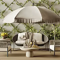 Outdoor Wicker Sofa with Accent Chairs Round Coffee Table Fringed Umbrella and Green Vine Wall