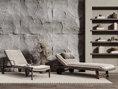 Modern Lounge Chairs Against Gray Stone Wall With Wooden Shelves Dried Flowers And Woven Rug 3d model