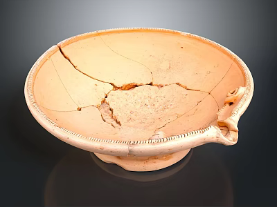 Ceramic Sculpted Bowl with Cracks Restoration Marks Decorative Rim Small Spout and Light Brown Color 3d model