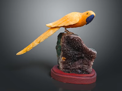 Yellow Parrot Perched on a Rock with a Red Base Decorative Statue 3d model