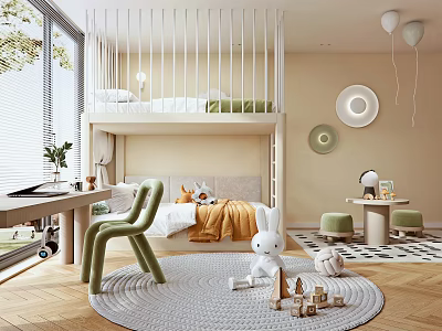 Bright Kids Room With Bunk Bed Desk Toys And Soft Decor 3d model