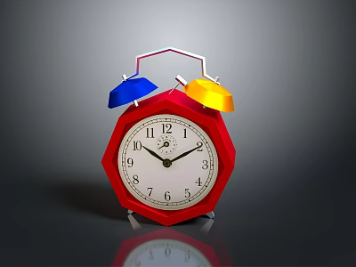 Red Octagonal Alarm Clock With Blue Yellow Bells White Dial And Black Hands 3d model