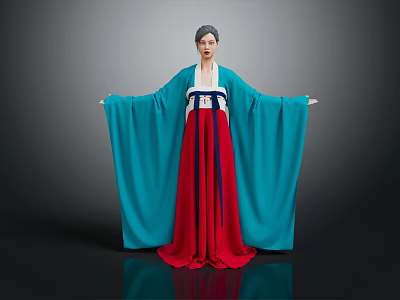Game Movie Character In Traditional Blue Robe And Red Skirt With Flowing Sleeves 3d model