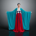 Game Movie Character In Traditional Blue Robe And Red Skirt With Flowing Sleeves