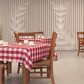 Dining Table With Red And White Checkered Tablecloth Wooden Chairs And Wood Grain Wall