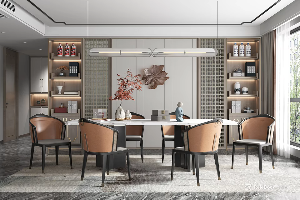 Modern Restaurant Interior With Round Dining Table Leather Chairs Pendant Lights And Decorative Flowers 3d model 