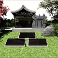 Traditional Courtyard Entrance With Decorative Gate Stone Pillars Pathway And Greenery