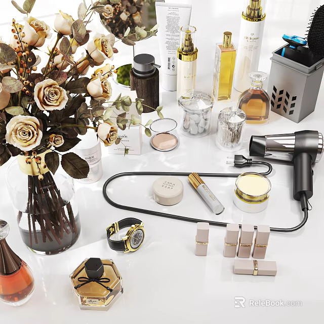 Luxurious Perfume Cosmetics Display With Fragrance Bottles Lipsticks And Beauty Products 3d model 