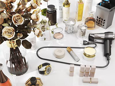 Luxurious Perfume Cosmetics Display With Fragrance Bottles Lipsticks And Beauty Products 3d model