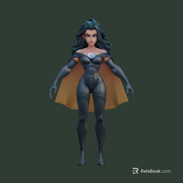 3D Game Movie Female Character With Blue Long Hair Tight Dark Suit And Brown Cape 3d model 
