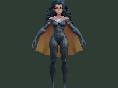 3D Game Movie Female Character With Blue Long Hair Tight Dark Suit And Brown Cape 3d model