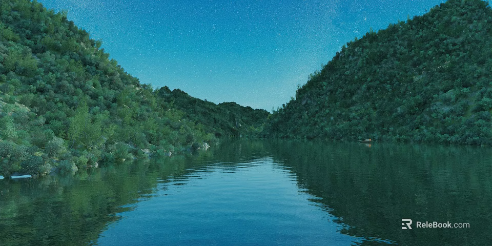 Lush Green Mountains Surrounding Calm Lake With Clear Blue Sky Reflections 3d model 