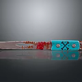 Blood Stained Blade Weapon With Blue Handle Skull Design And Metal Rivets