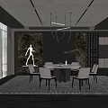 Modern Restaurant Interior With Dining Table Chairs Pendant Light Art Mural And Green Plant