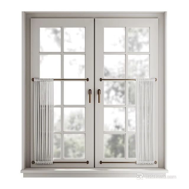 Double Casement Windows With White Frame Grid Glass Metal Handles And Curtain Panels 3d model 