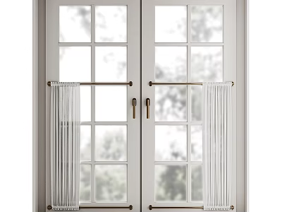 Double Casement Windows With White Frame Grid Glass Metal Handles And Curtain Panels 3d model