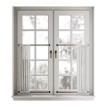 Double Casement Windows With White Frame Grid Glass Metal Handles And Curtain Panels