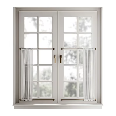 Double Casement Windows With White Frame Grid Glass Metal Handles And Curtain Panels 3d model
