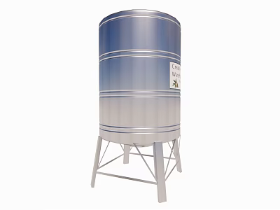Industrial Stainless Steel Cylindrical Storage Tank With Support Stand And Identification Label 3d model