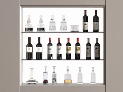 Neatly Arranged Various Wine Bottles And Glasses On Shelves In Wine Cabinet 3d model