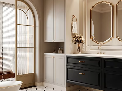 Bathroom Interior with Arched Door Blinds Light Gray Cabinets Black Vanity and Gold Framed Mirror 3d model