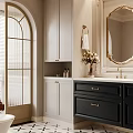Bathroom Interior with Arched Door Blinds Light Gray Cabinets Black Vanity and Gold Framed Mirror
