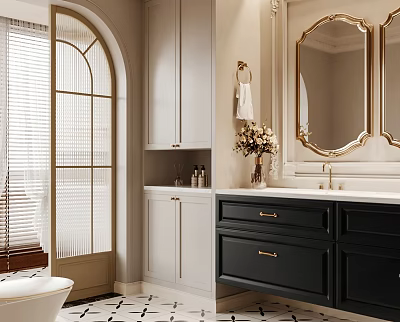 Bathroom Interior with Arched Door Blinds Light Gray Cabinets Black Vanity and Gold Framed Mirror 3d model