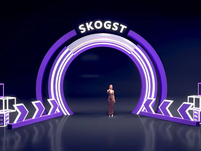 SKOGST Modern Scene Featuring Purple Archway Neon Lights Person And Geometric Decorations 3d model