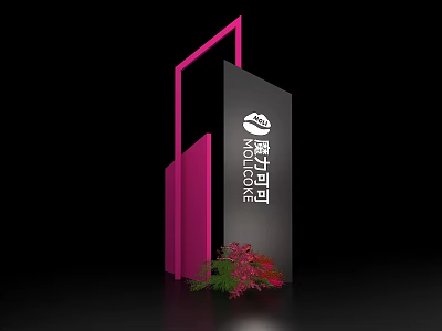 Modern Signage With Pink Geometric Frame Black Body VOLUME SPACE Branding And Bottom Floral Decoration 3d model