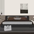 Modern Double Bed With Gray Leather Frame Brown Gray Pillows And Striped Bedspread