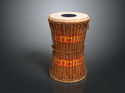 Decorative Traditional Wooden Drum as Musical Instrument with Red Yellow Patterns and Black Center Hole 3d model